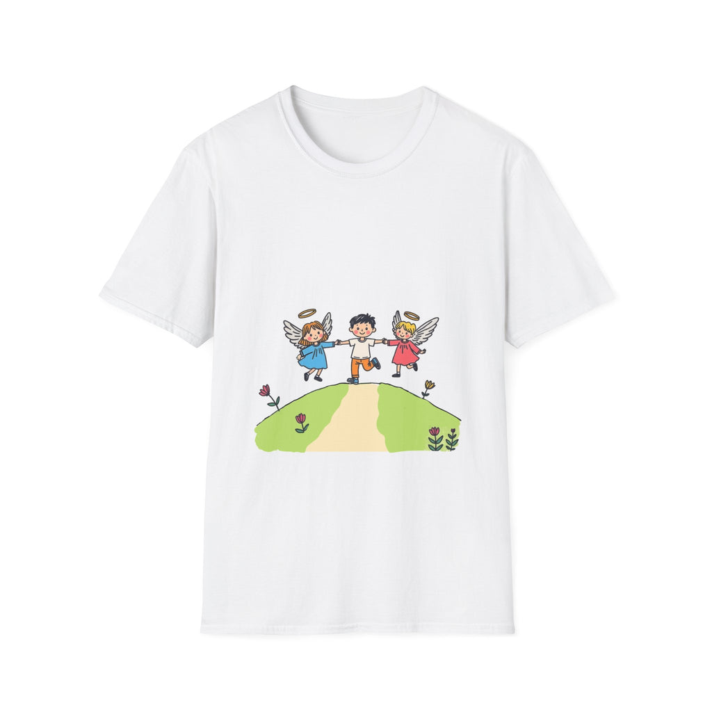 Guardian Angels And Kid Trio Graphic T-Shirt — Cute Kids Angels Illustration Tee