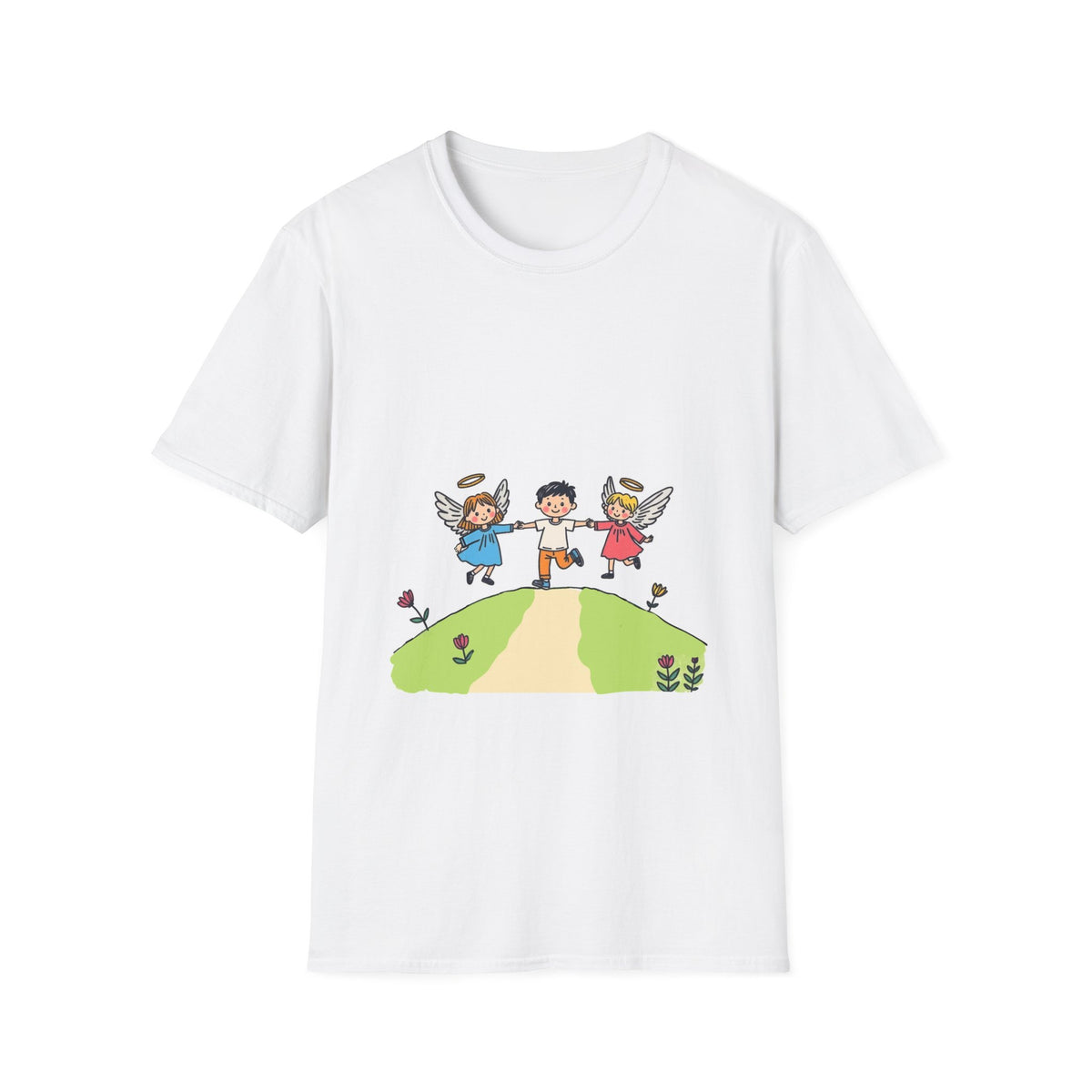 Guardian Angels And Kid Trio Graphic T-Shirt — Cute Kids Angels Illustration Tee