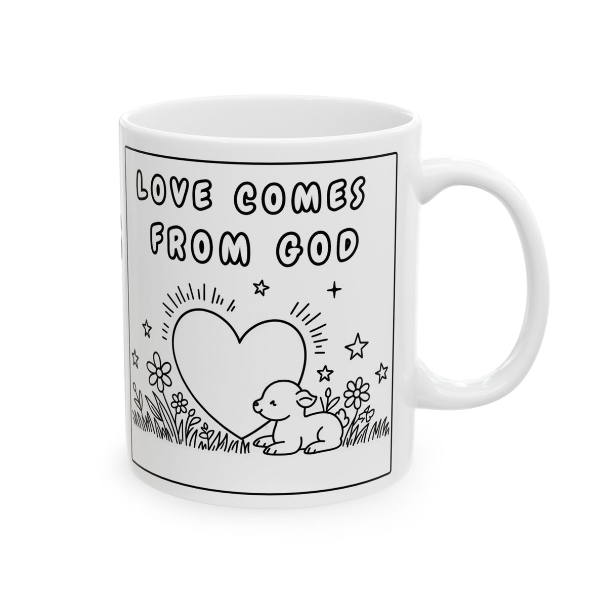 Love Comes From God Ceramic Mug — Black Line Art  Coffee Cup (11oz, 15oz)