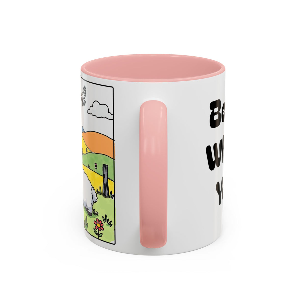 Be Happy Wherever You Are — Accent Coffee Mug (11/15oz) — Cute Sheep Scenic Design
