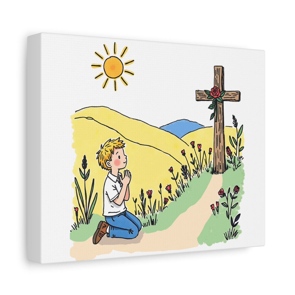Prayerful Boy by Cross Canvas Wall Art — Christian Nursery Decor, Kids Bible Verse Gift