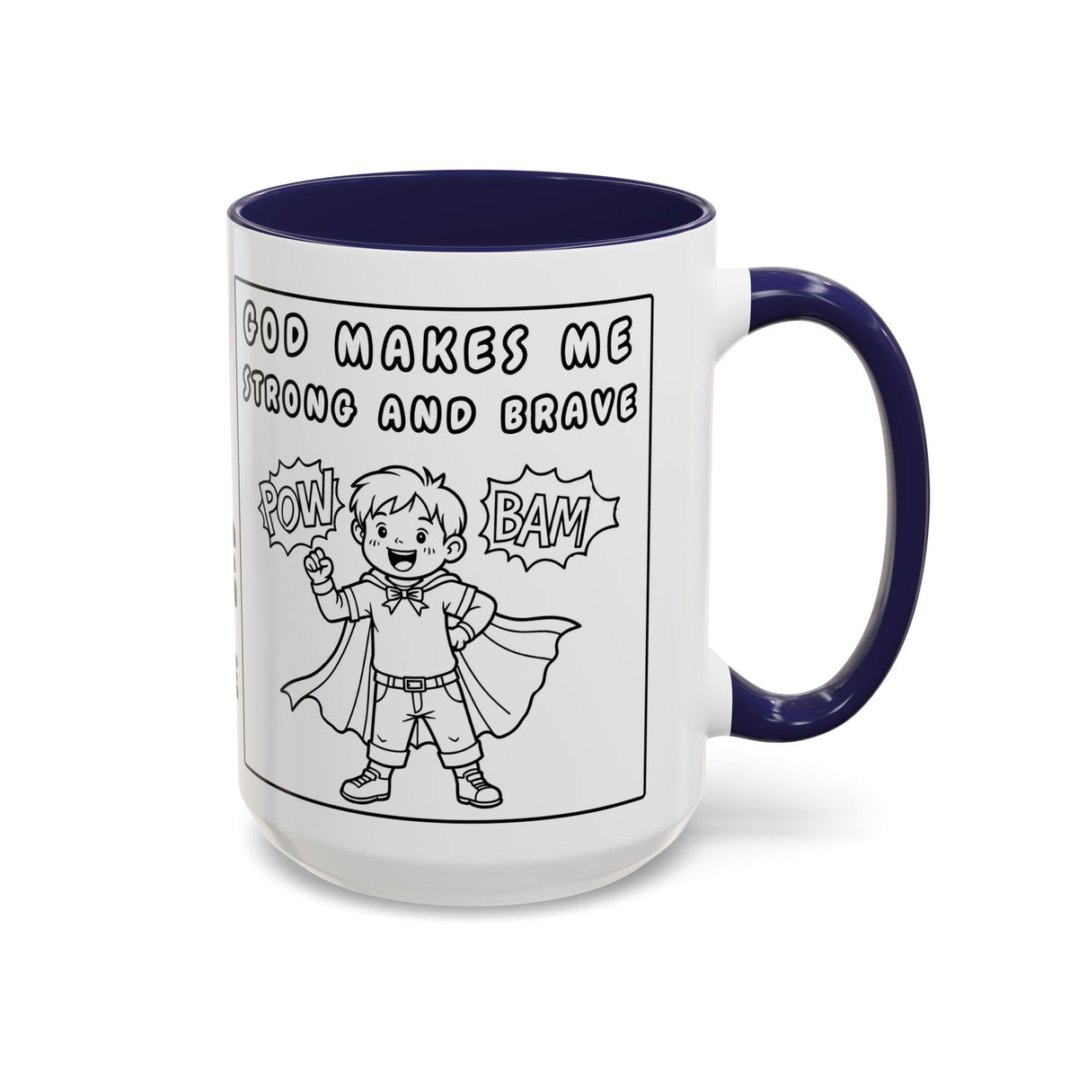 God Makes Me Strong and Brave — Accent Coffee Mug — Kids Faith Coloring Style (11/15 oz)