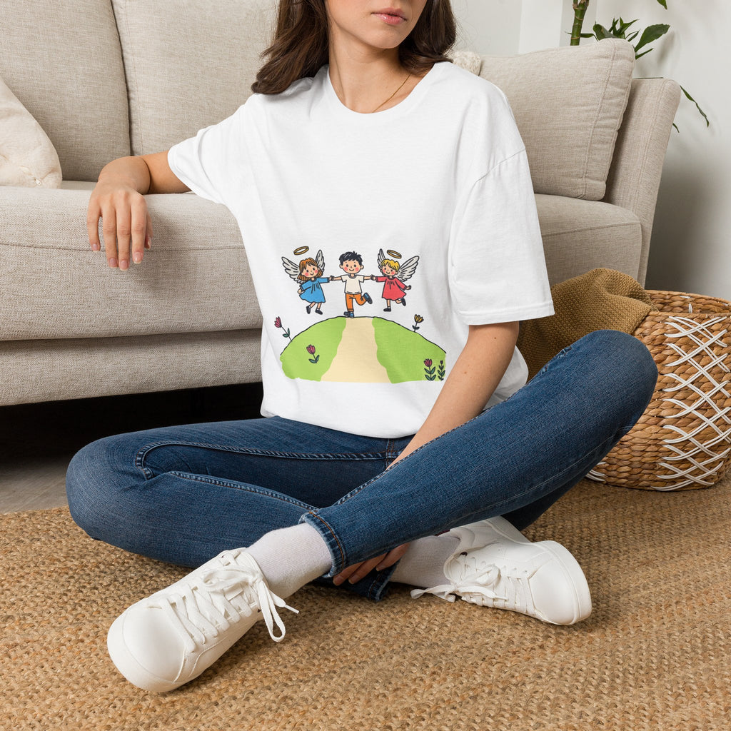 Guardian Angels And Kid Trio Graphic T-Shirt — Cute Kids Angels Illustration Tee