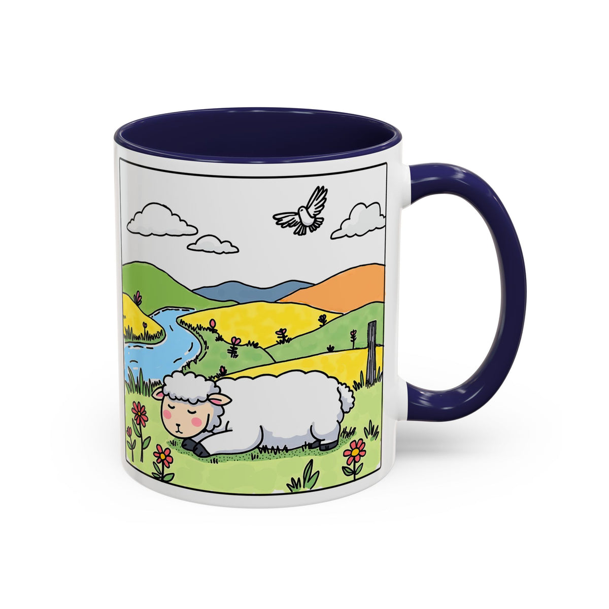 Be Happy Wherever You Are — Accent Coffee Mug (11/15oz) — Cute Sheep Scenic Design