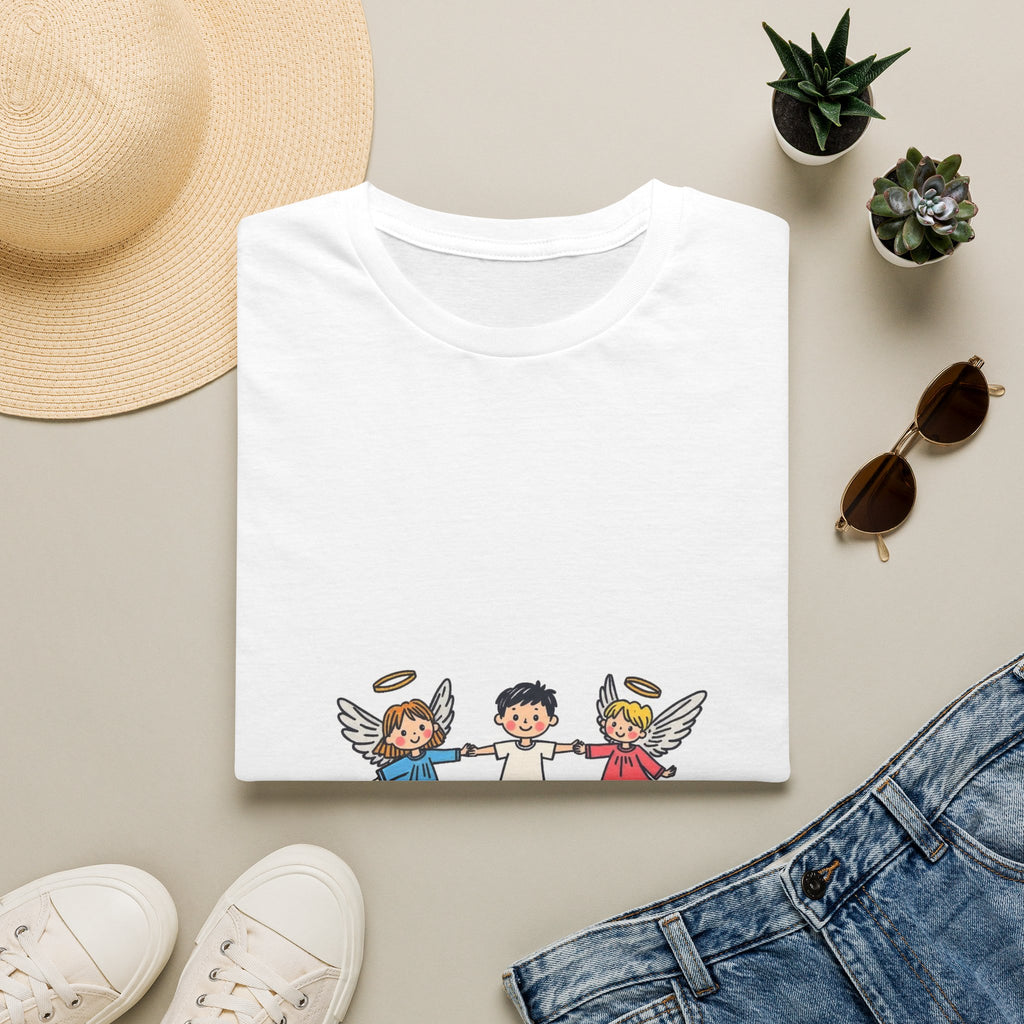 Guardian Angels And Kid Trio Graphic T-Shirt — Cute Kids Angels Illustration Tee