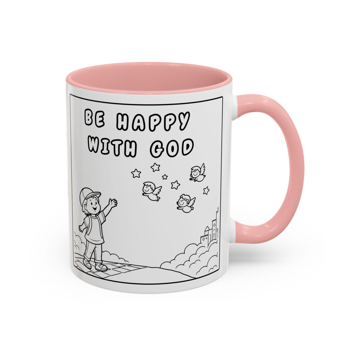 Be Happy With God — Accent Coffee Mug — Faith-Inspired Kids Illustration (11/15 oz)