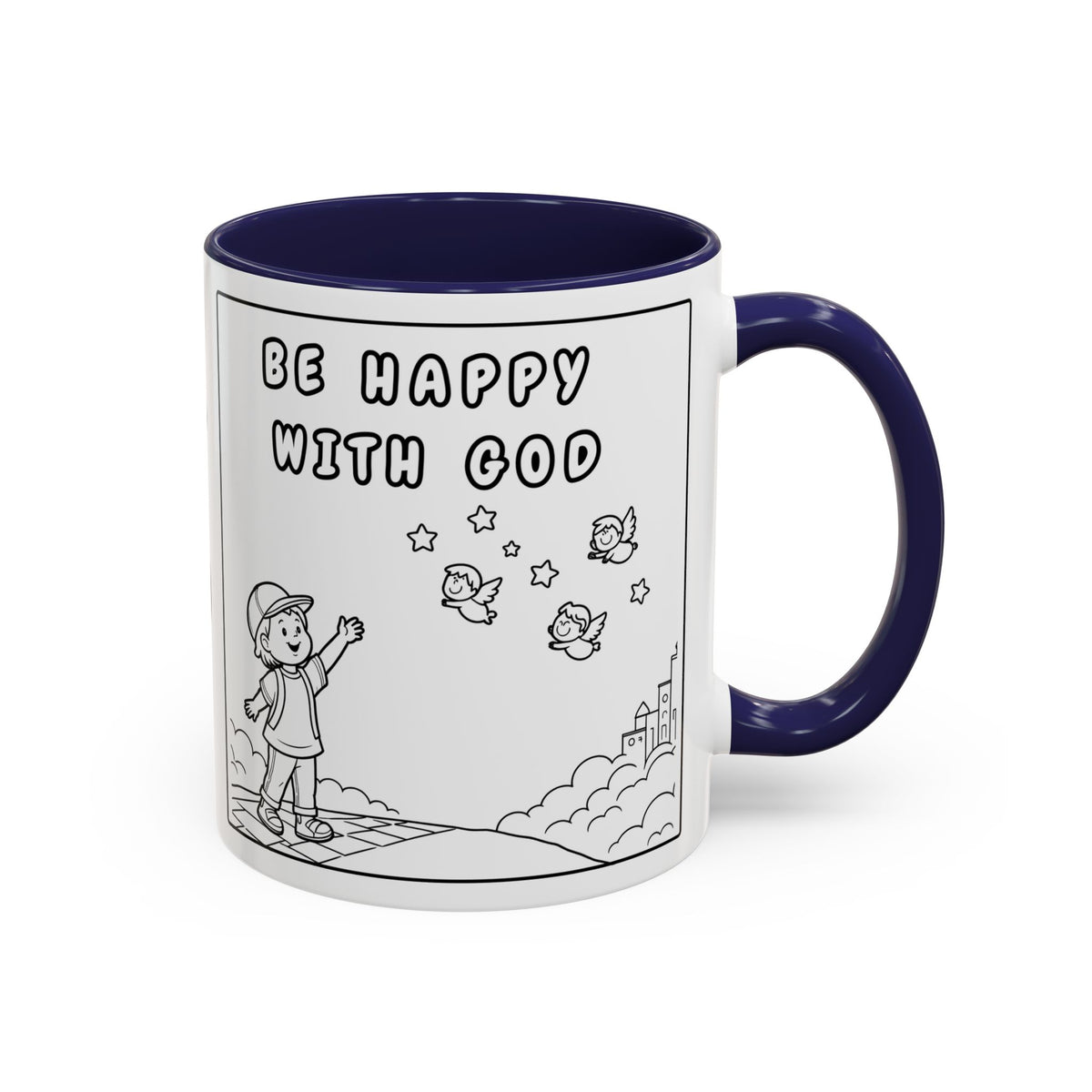 Be Happy With God — Accent Coffee Mug — Faith-Inspired Kids Illustration (11/15 oz)