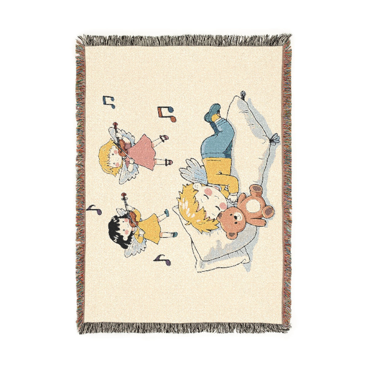 Children's Music-Themed Woven Blanket — Sleeping Child with Teddy Design