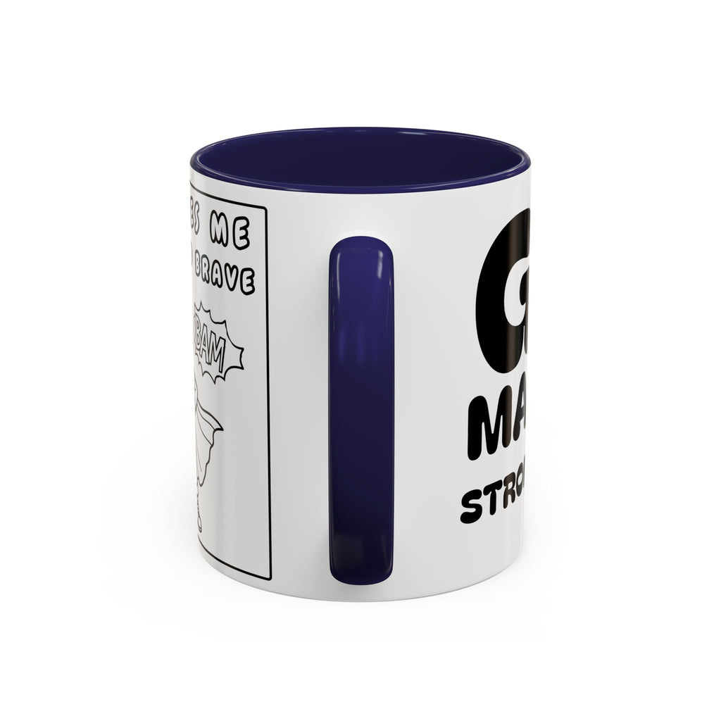 God Makes Me Strong and Brave — Accent Coffee Mug — Kids Faith Coloring Style (11/15 oz)