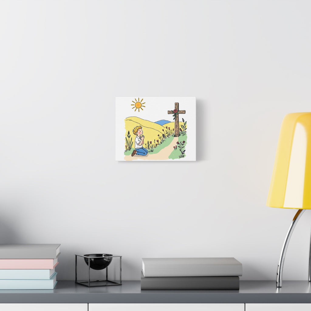 Prayerful Boy by Cross Canvas Wall Art — Christian Nursery Decor, Kids Bible Verse Gift