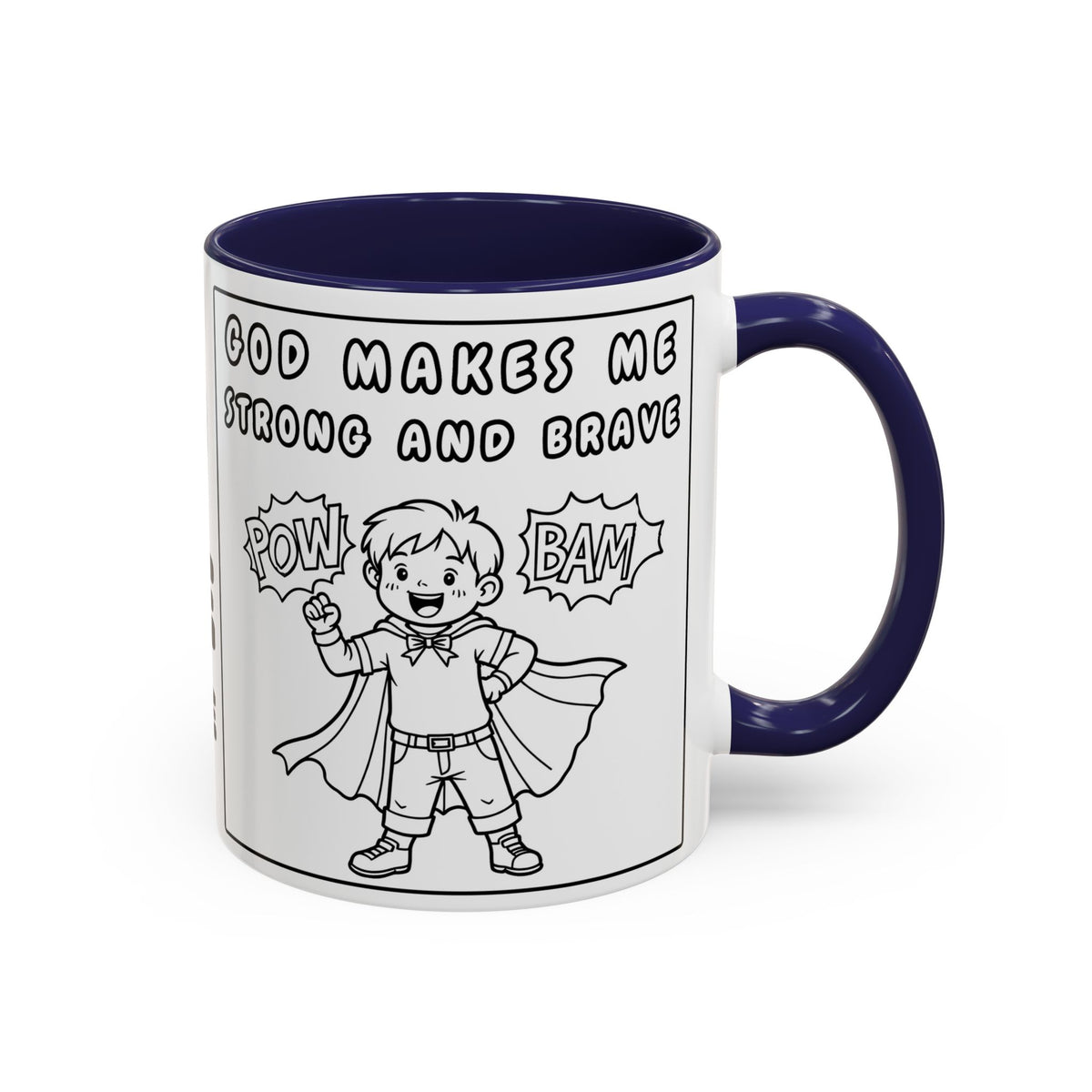 God Makes Me Strong and Brave — Accent Coffee Mug — Kids Faith Coloring Style (11/15 oz)