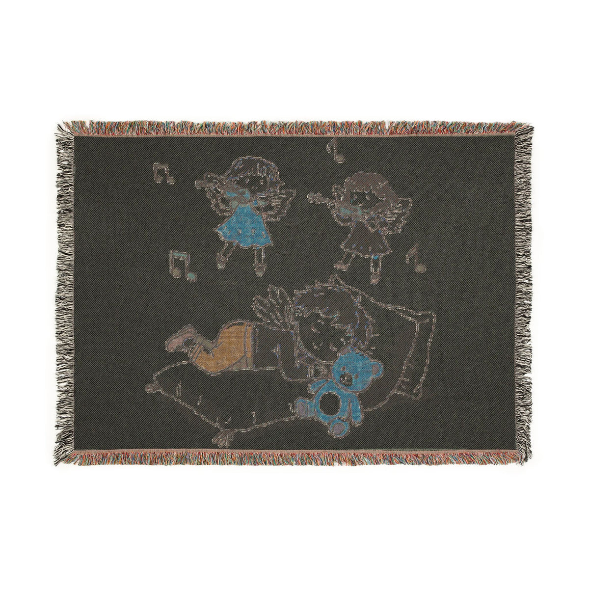 Children's Music-Themed Woven Blanket — Sleeping Child with Teddy Design