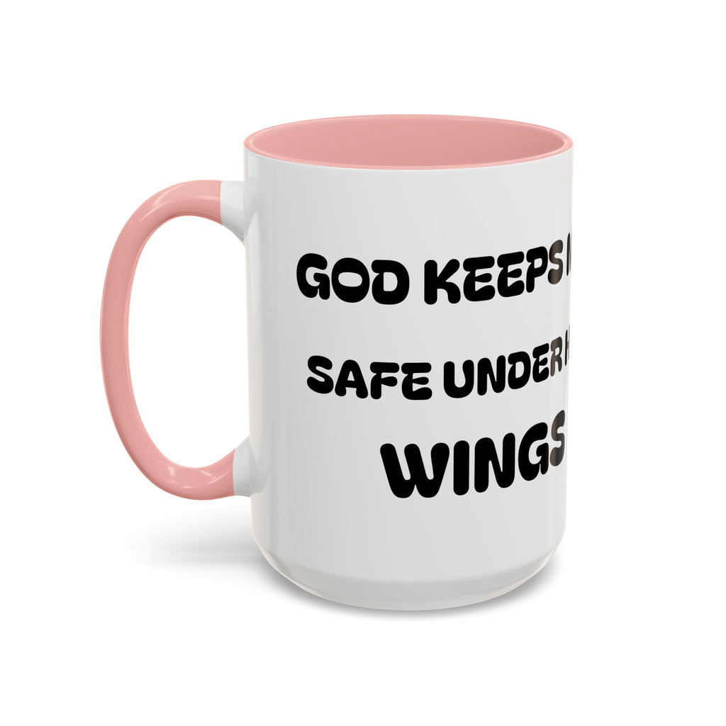 God Keeps Me Safe Under His Wings — Accent Coffee Mug — Inspirational Christian Angel Design (11/15oz)