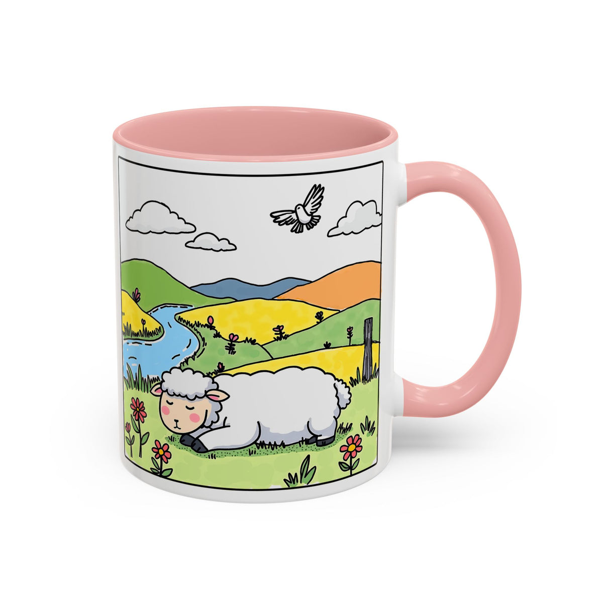 Be Happy Wherever You Are — Accent Coffee Mug (11/15oz) — Cute Sheep Scenic Design