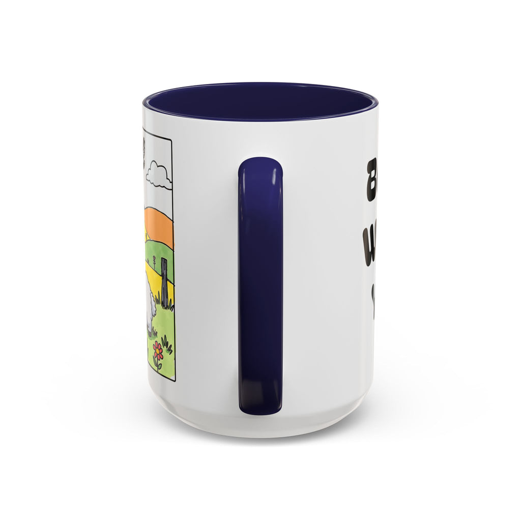 Be Happy Wherever You Are — Accent Coffee Mug (11/15oz) — Cute Sheep Scenic Design