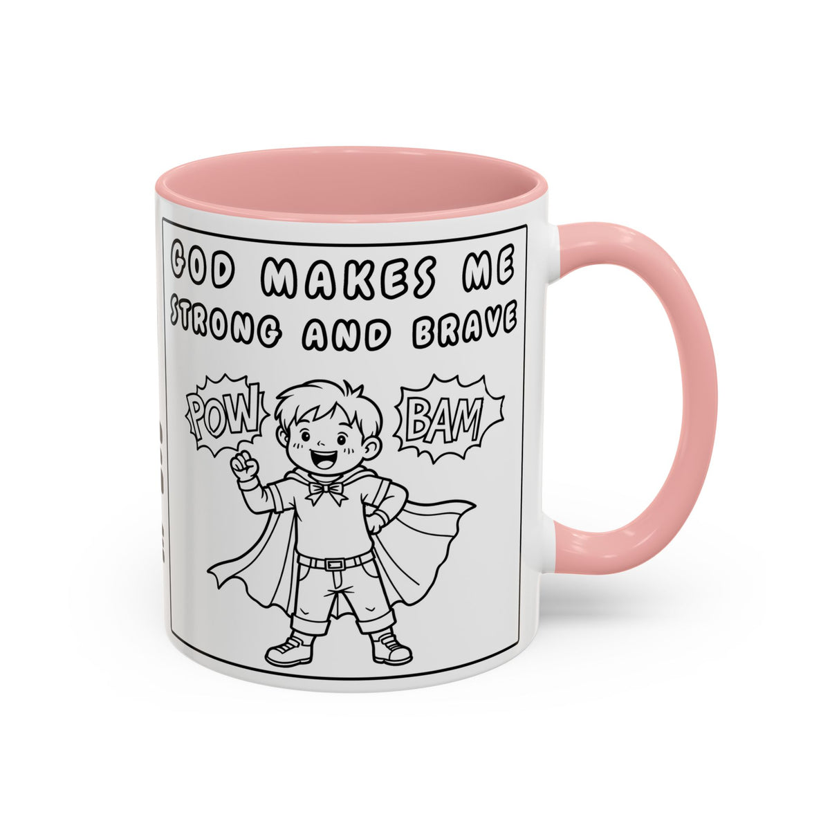 God Makes Me Strong and Brave — Accent Coffee Mug — Kids Faith Coloring Style (11/15 oz)