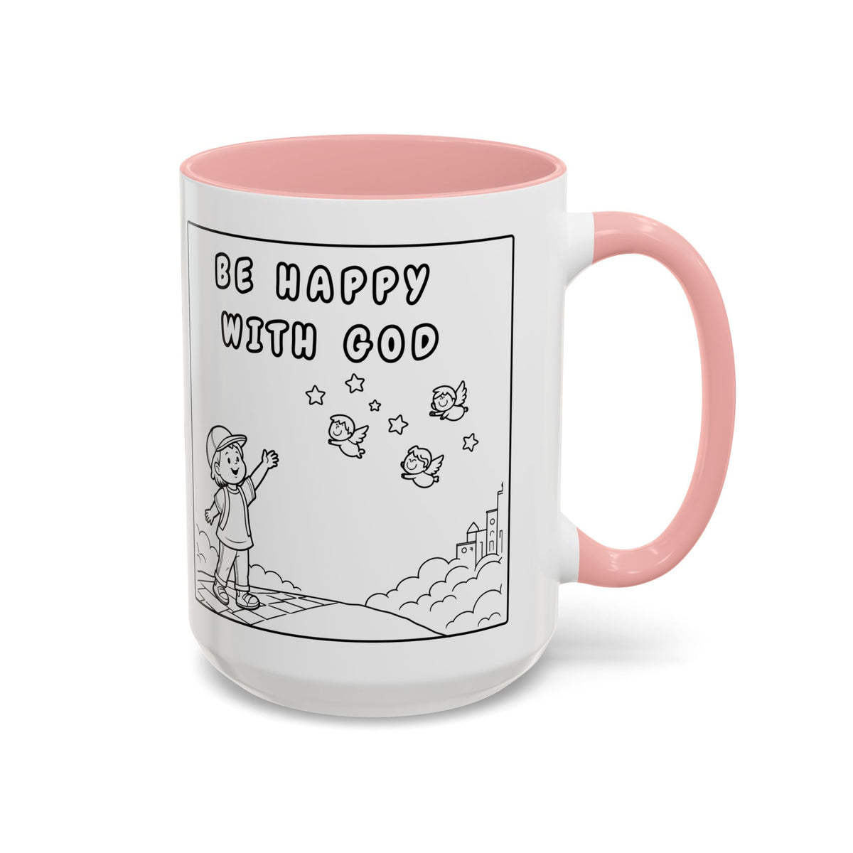 Be Happy With God — Accent Coffee Mug — Faith-Inspired Kids Illustration (11/15 oz)