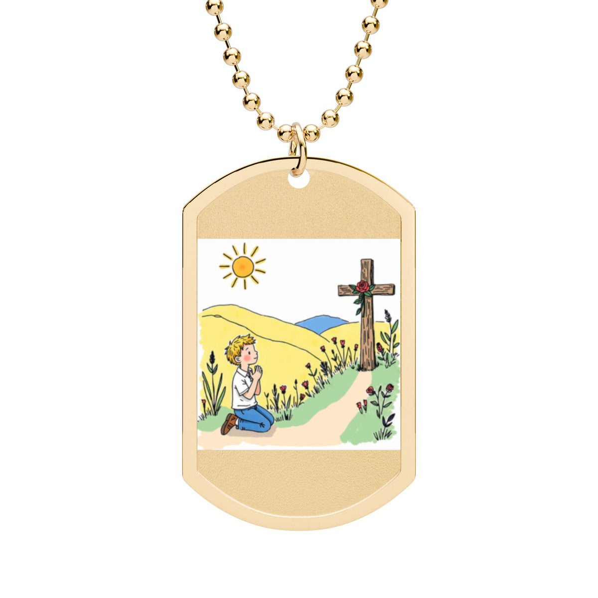 Reminder To Pray Dog Tag Necklace — Boy Kneeling In Front Of Cross Design