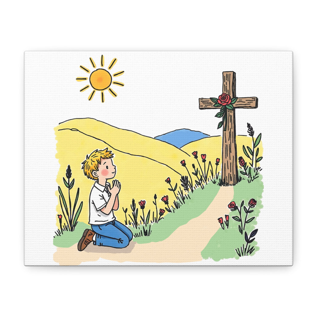 Prayerful Boy by Cross Canvas Wall Art — Christian Nursery Decor, Kids Bible Verse Gift