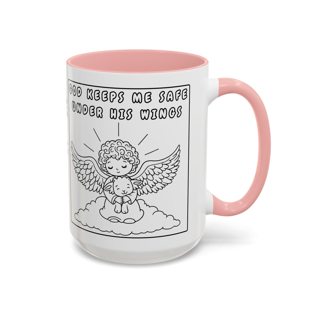 God Keeps Me Safe Under His Wings — Accent Coffee Mug — Inspirational Christian Angel Design (11/15oz)