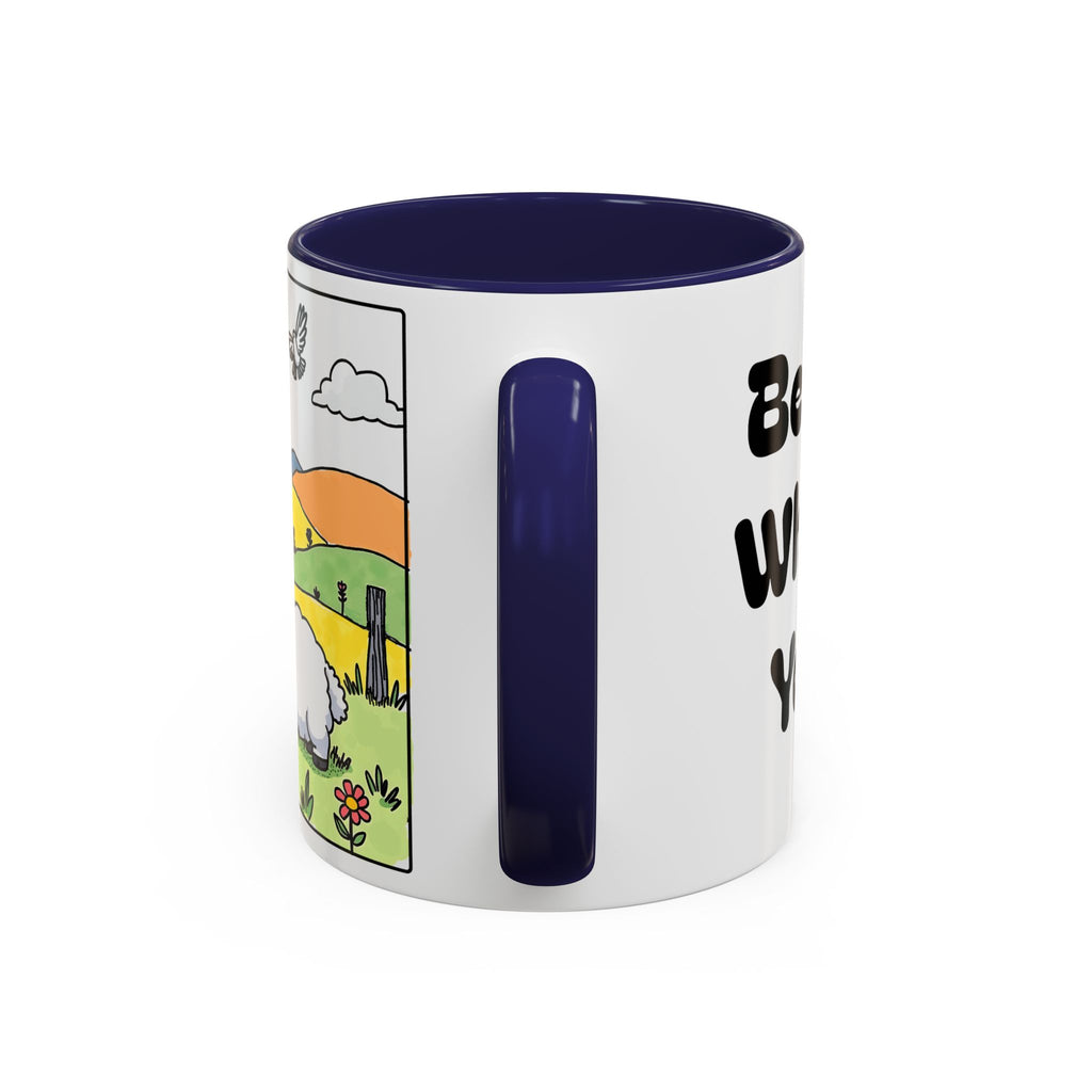 Be Happy Wherever You Are — Accent Coffee Mug (11/15oz) — Cute Sheep Scenic Design