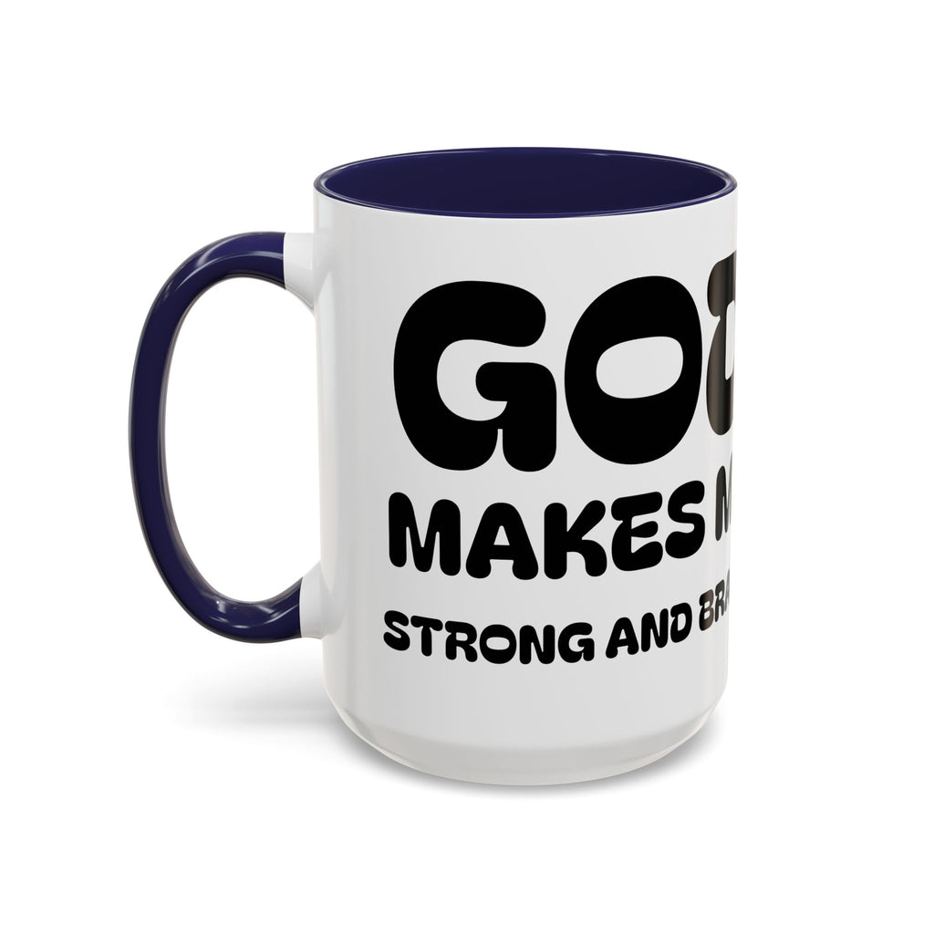 God Makes Me Strong and Brave — Accent Coffee Mug — Kids Faith Coloring Style (11/15 oz)