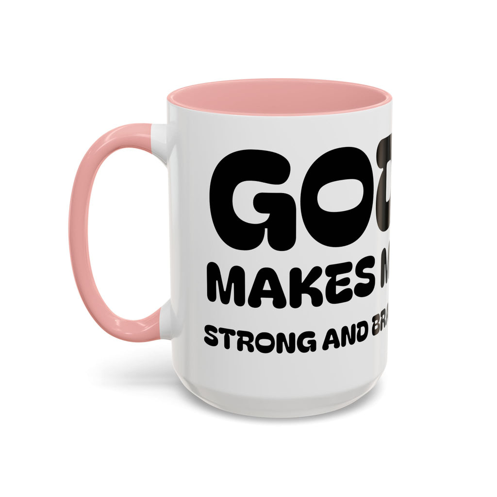 God Makes Me Strong and Brave — Accent Coffee Mug — Kids Faith Coloring Style (11/15 oz)