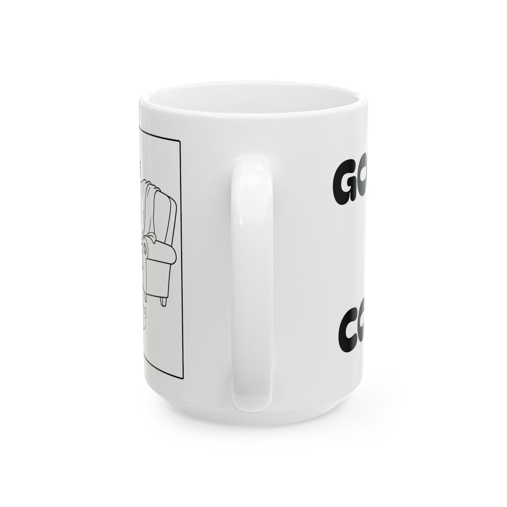 God Gives Me Comfort — Ceramic Mug —  Funny Coffee Cup with Cozy Chair Illustration (11oz & 15oz)