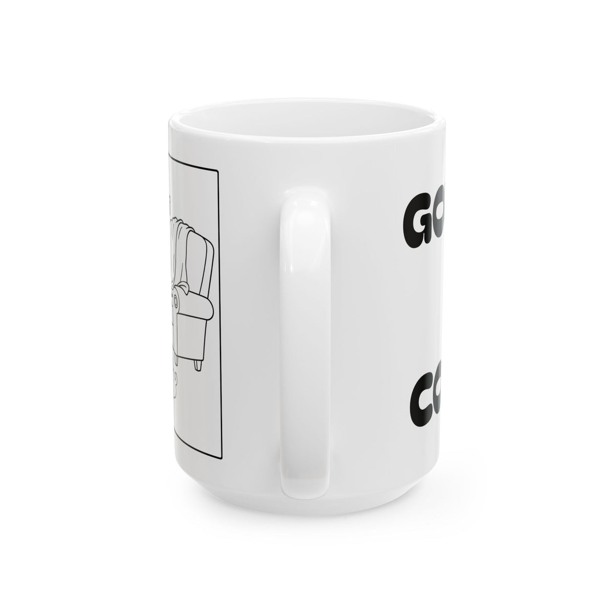 God Gives Me Comfort — Ceramic Mug —  Funny Coffee Cup with Cozy Chair Illustration (11oz & 15oz)