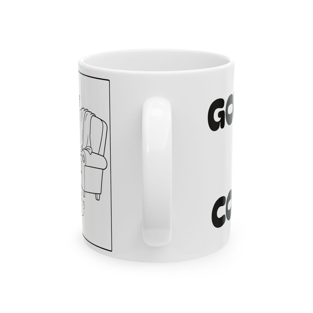 God Gives Me Comfort — Ceramic Mug —  Funny Coffee Cup with Cozy Chair Illustration (11oz & 15oz)