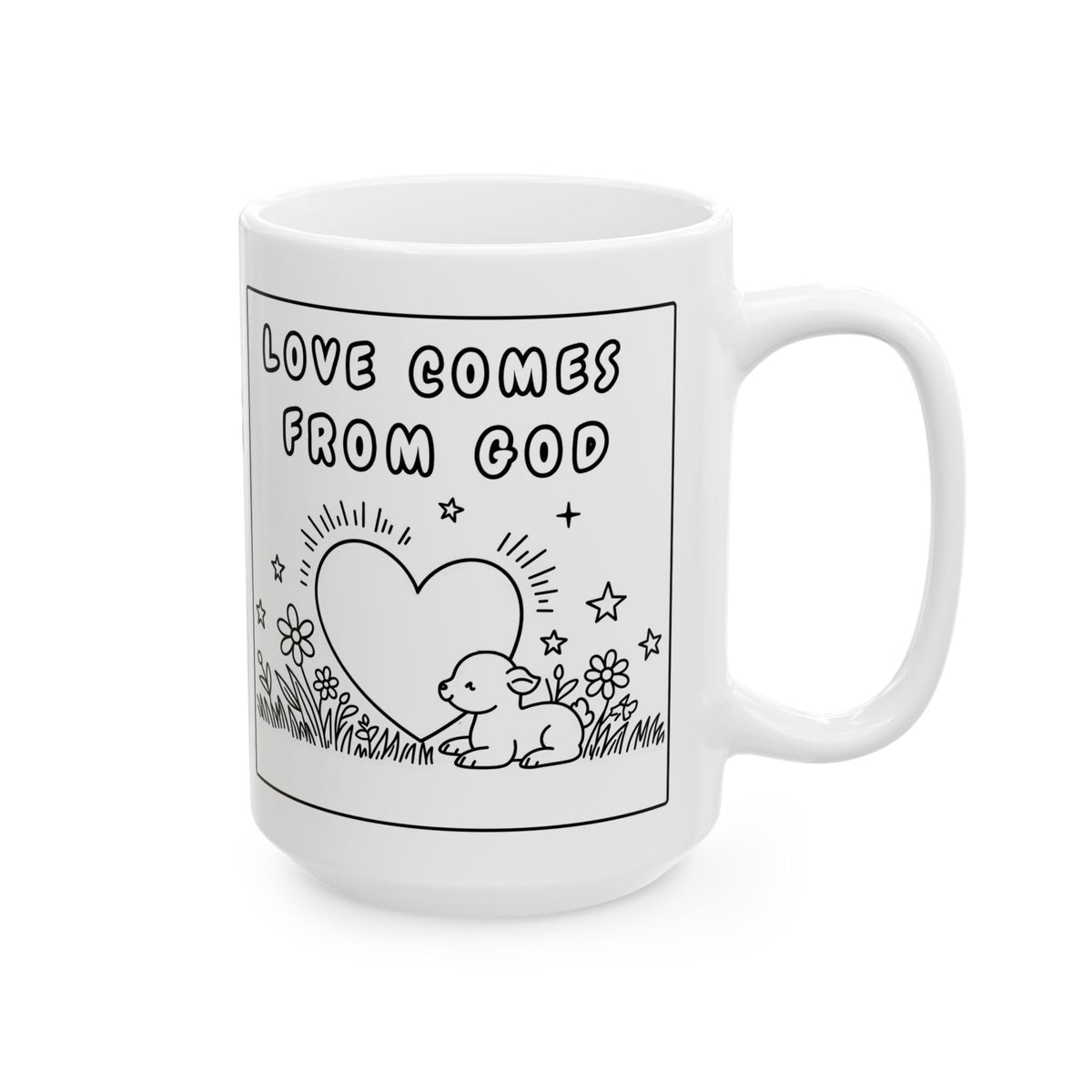 Love Comes From God Ceramic Mug — Black Line Art  Coffee Cup (11oz, 15oz)