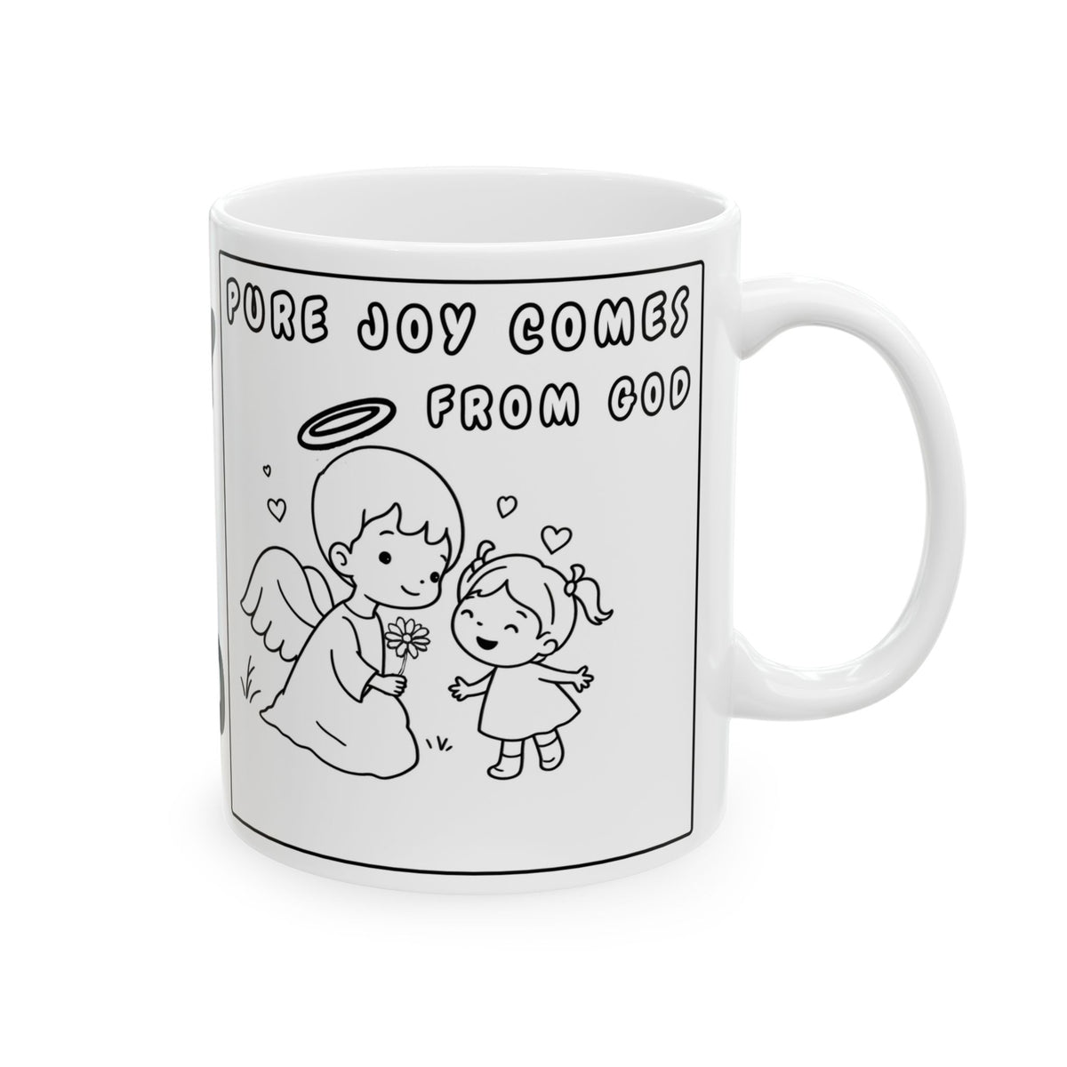 Pure Joy Comes From God —   Ceramic Mug — Inspirational Coffee Mug with Cute Angel Illustration (11oz/15oz)
