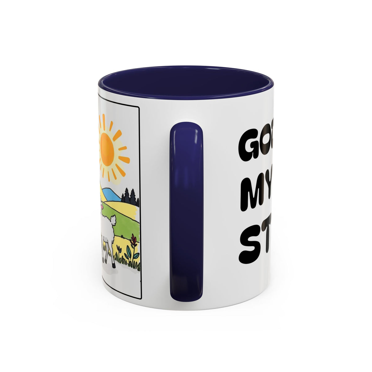 God Makes My Heart Strong II — Accent Coffee Mug with Cute Girl & Lamb Illustration (11/15 oz)