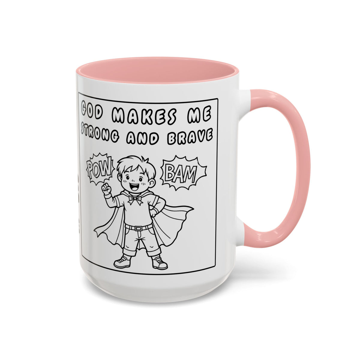 God Makes Me Strong and Brave — Accent Coffee Mug — Kids Faith Coloring Style (11/15 oz)