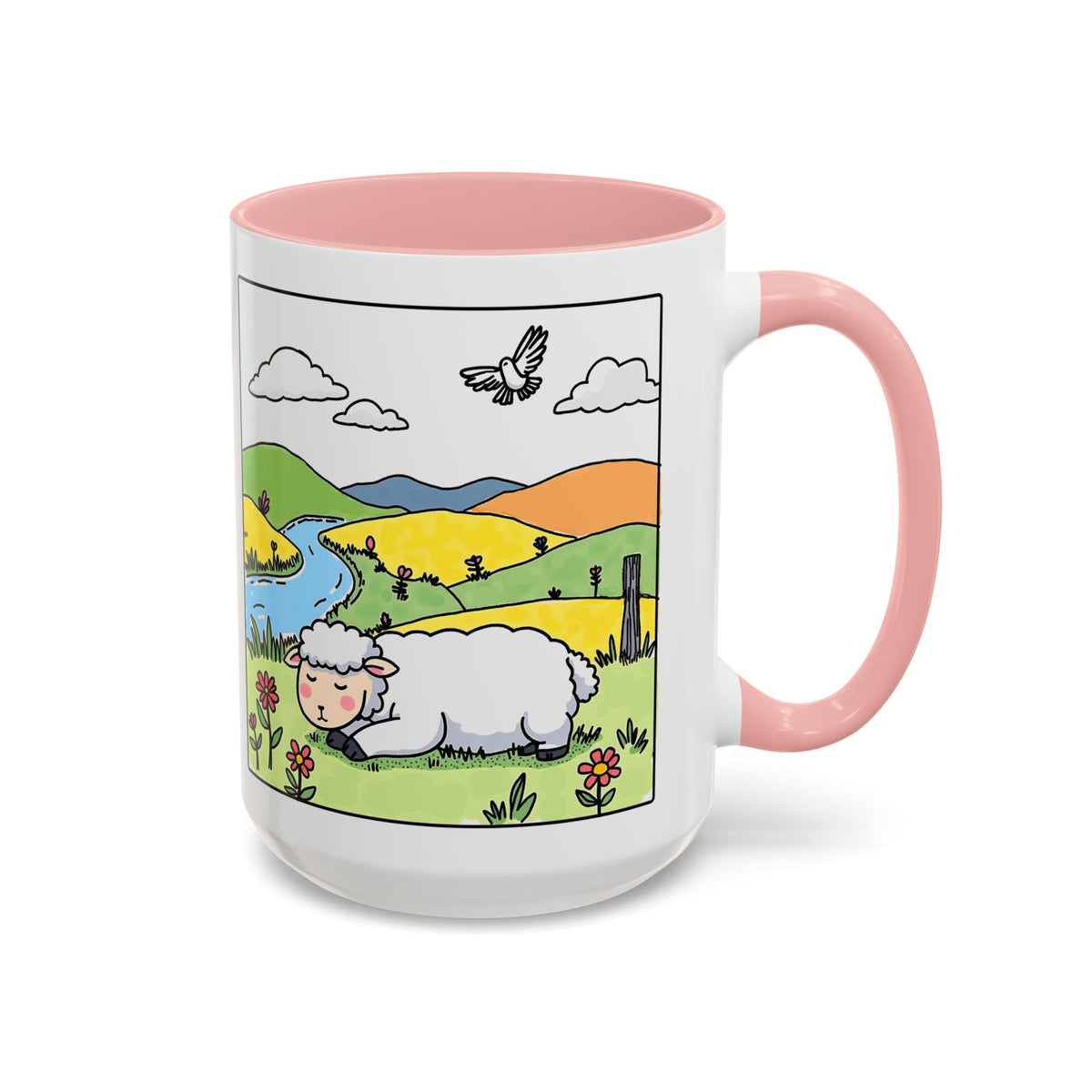 Be Happy Wherever You Are — Accent Coffee Mug (11/15oz) — Cute Sheep Scenic Design