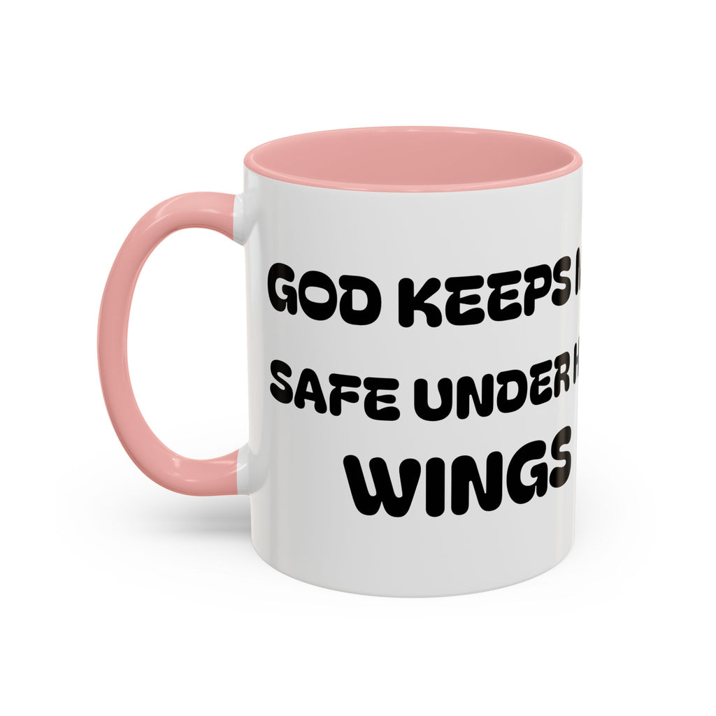 God Keeps Me Safe Under His Wings II — Accent Coffee Mug — Inspirational Christian Angel Design (11/15oz)