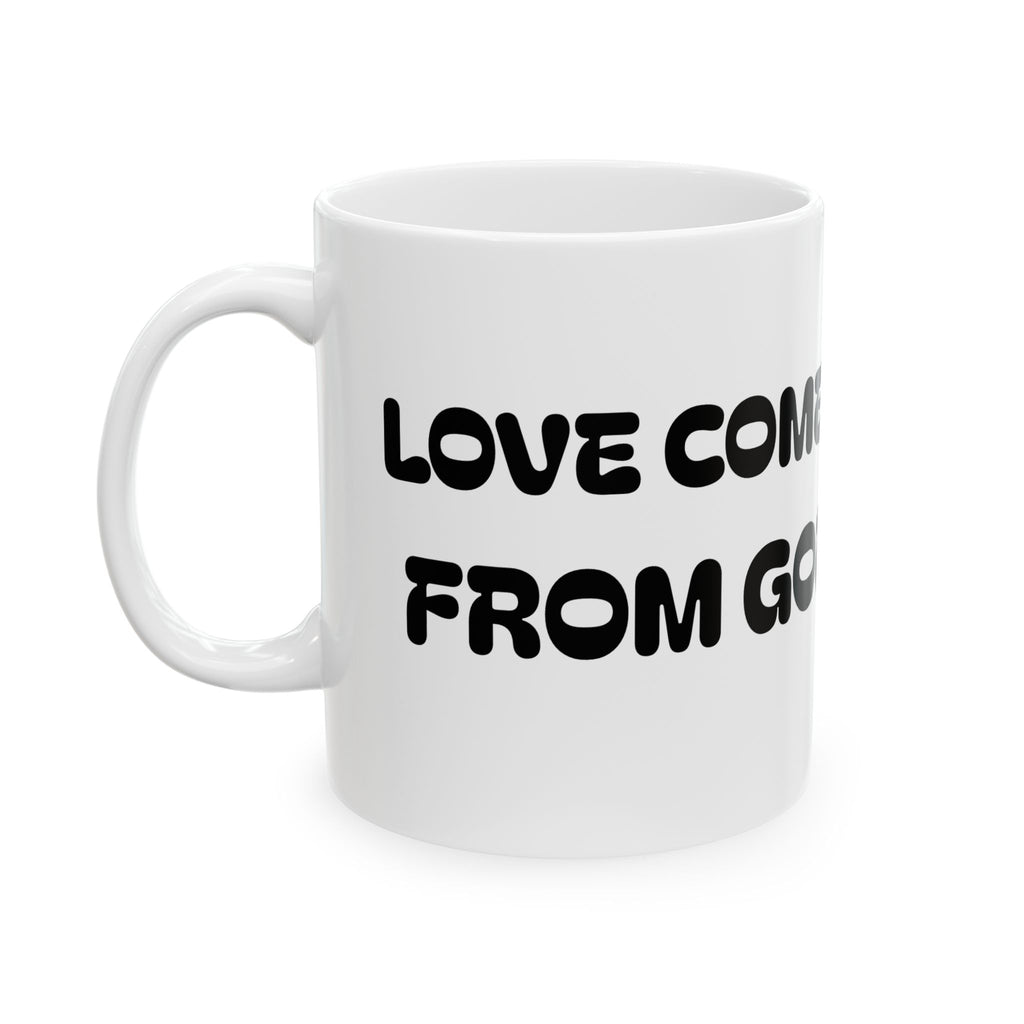 Love Comes From God Ceramic Mug — Black Line Art  Coffee Cup (11oz, 15oz)