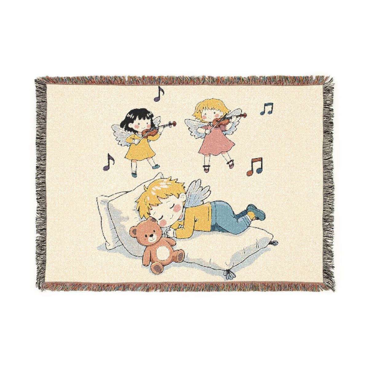 Children's Music-Themed Woven Blanket — Sleeping Child with Teddy Design