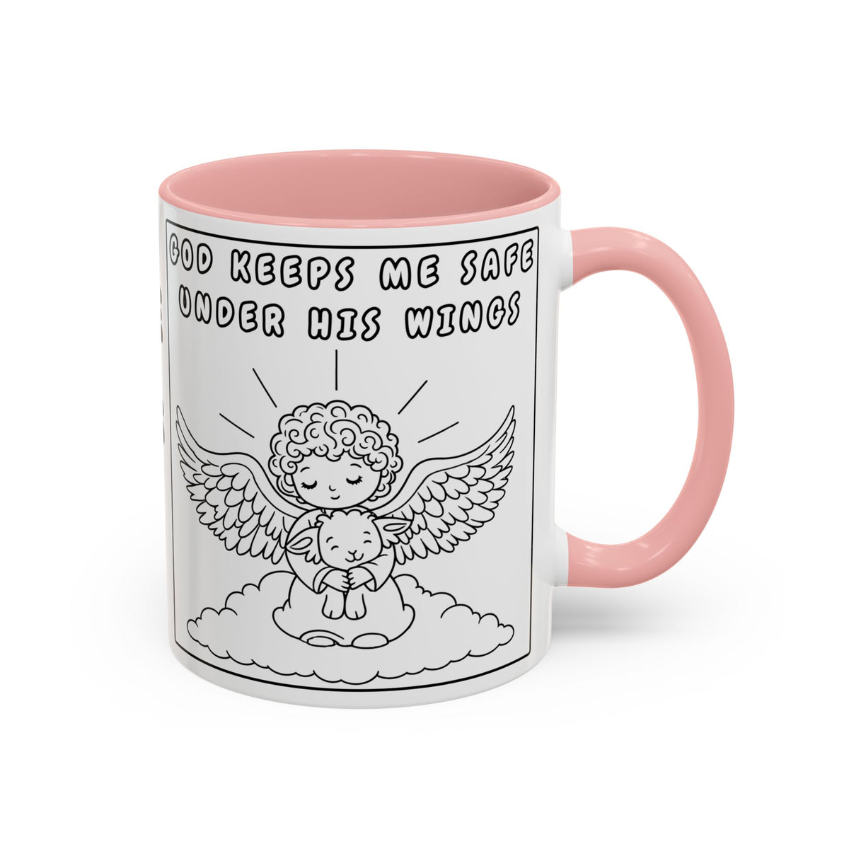God Keeps Me Safe Under His Wings — Accent Coffee Mug — Inspirational Christian Angel Design (11/15oz)