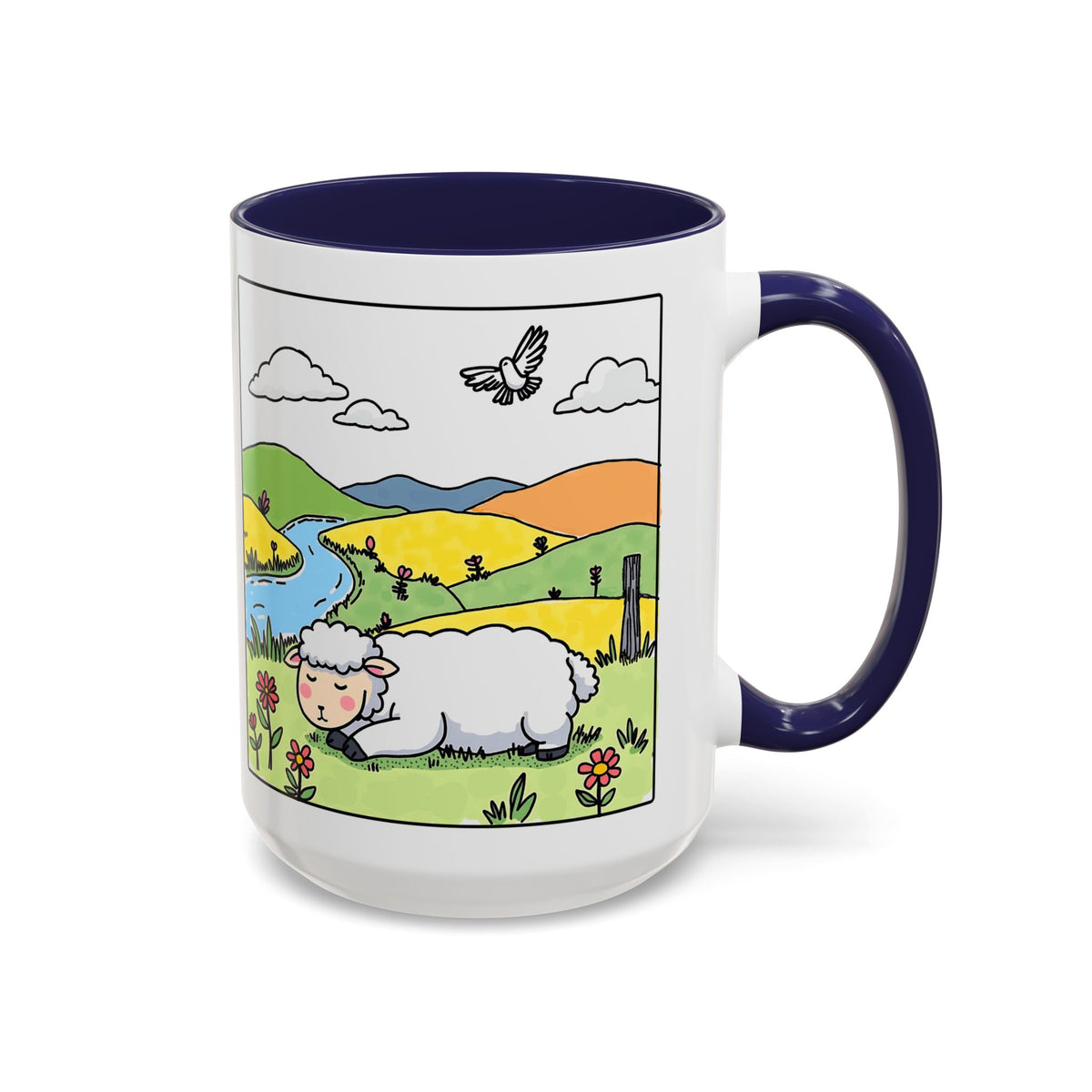 Be Happy Wherever You Are — Accent Coffee Mug (11/15oz) — Cute Sheep Scenic Design