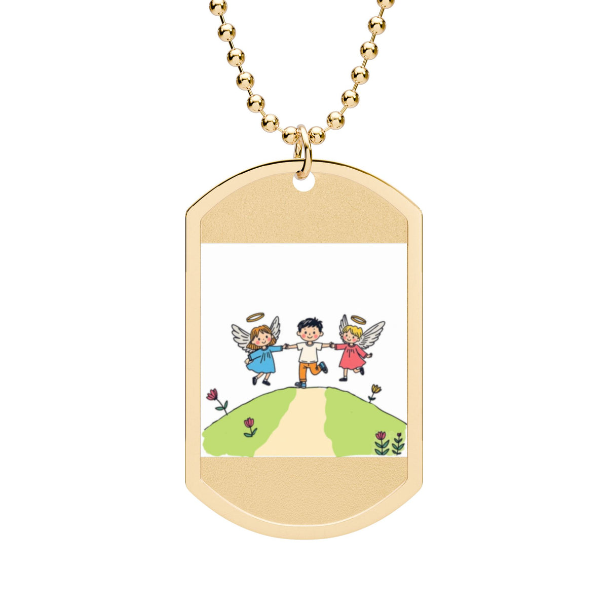 Children's Angels Dog Tag Necklace — Cute Kids Guardian Angels Design -- Jesus Sends His Angels To Protect Me In All My Ways