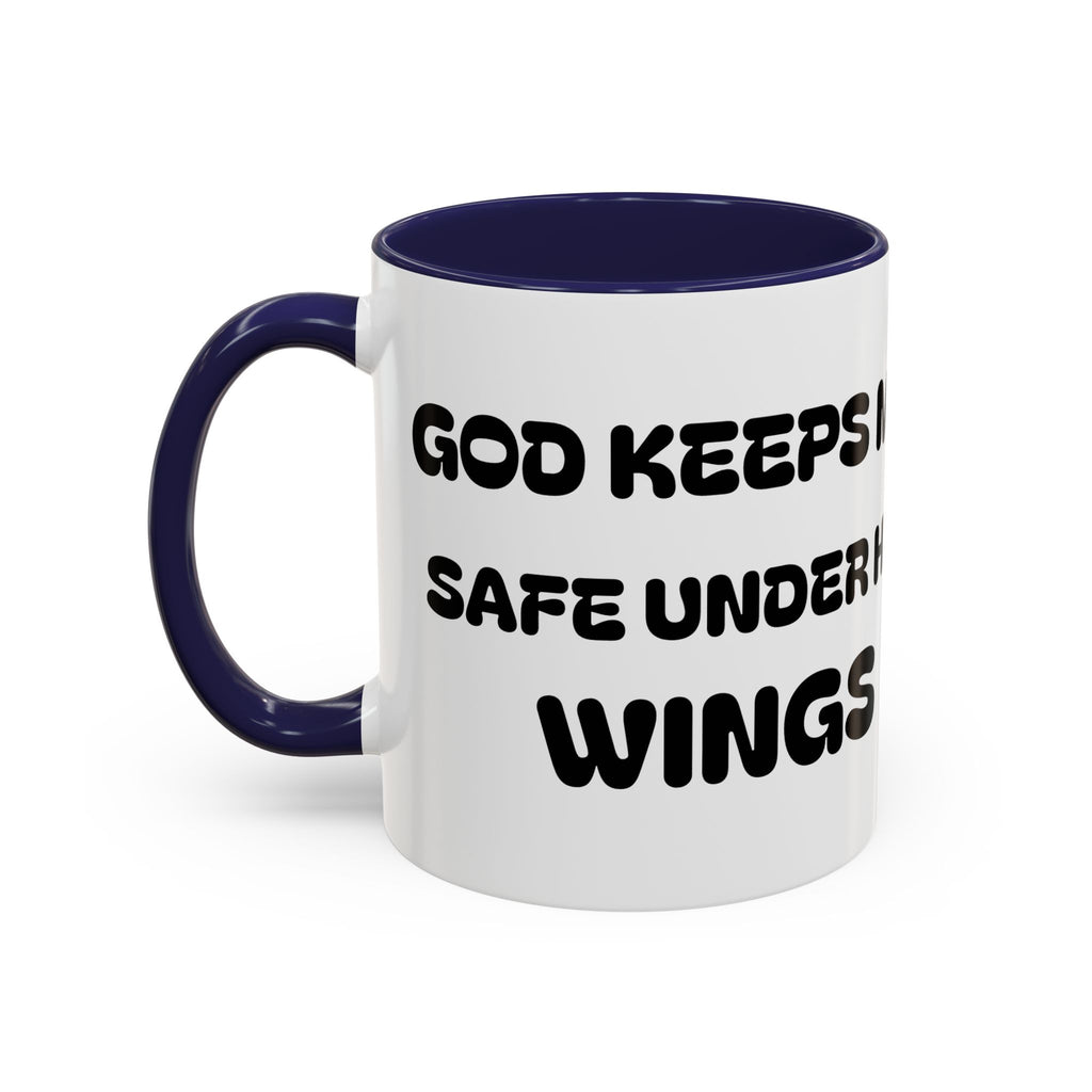 God Keeps Me Safe Under His Wings — Accent Coffee Mug — Inspirational Christian Angel Design (11/15oz)